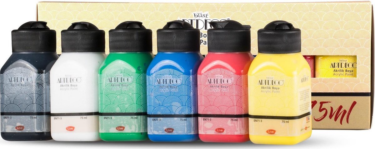Büst ArtDeco Acrylverf Set - 75ml 6 stuks | 6 x 75ml | Levendige Kleuren | Hobbyverf - Acrylic Paint Set Vivid Colours